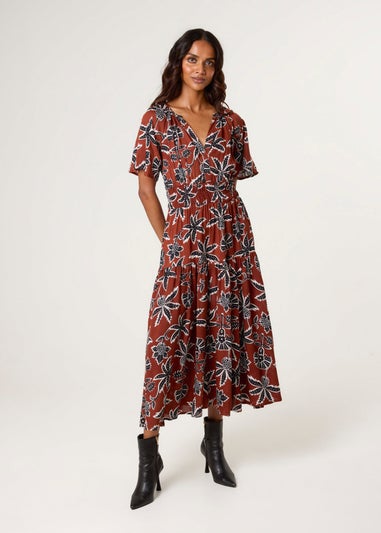 Blue Vanilla Brown Notch Neck Elastic Tropical Print Dress