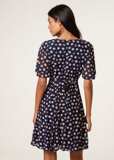 Blue Vanilla Navy Ditsy Floral V Neck Tie Back Mini Dress