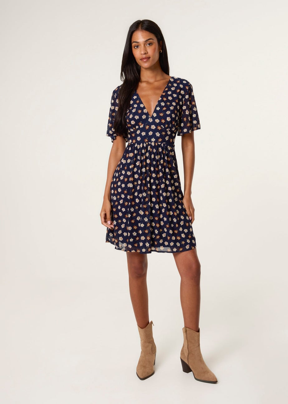 Blue Vanilla Navy Ditsy Floral V Neck Tie Back Mini Dress