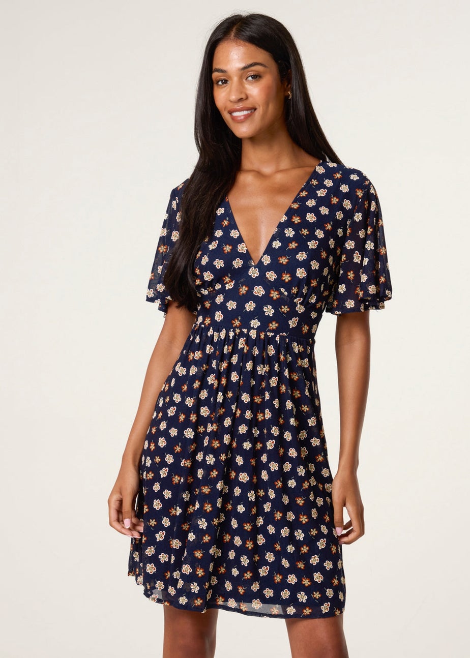 Blue Vanilla Navy Ditsy Floral V Neck Tie Back Mini Dress
