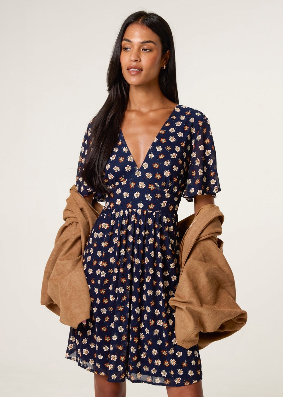 Blue Vanilla Navy Ditsy Floral V Neck Tie Back Mini Dress