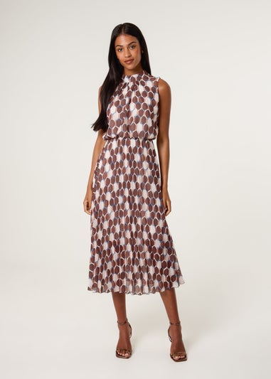 Blue Vanilla Brown High Neck Geometric Print Pleated Dress