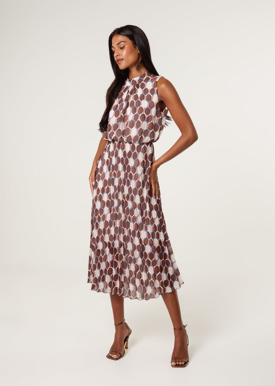 Blue Vanilla Brown High Neck Geometric Print Pleated Dress