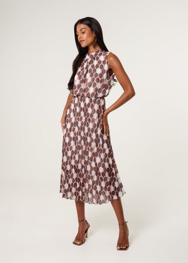 Blue Vanilla Brown High Neck Geometric Print Pleated Dress