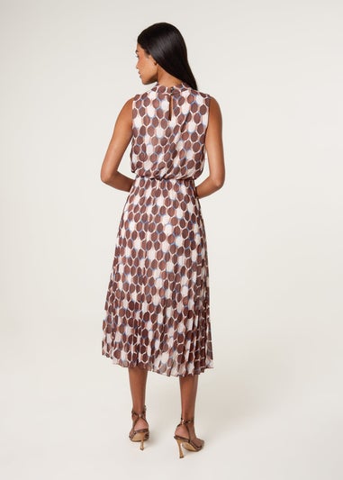 Blue Vanilla Brown High Neck Geometric Print Pleated Dress