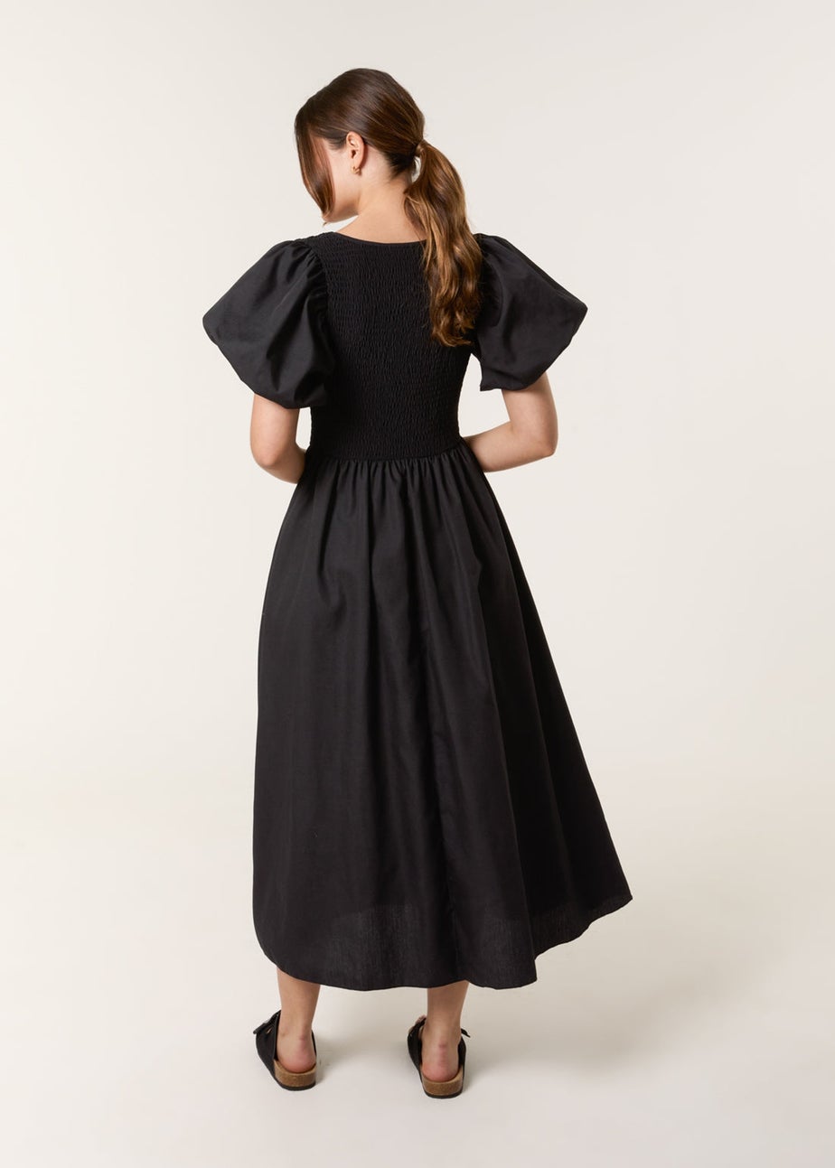 Blue Vanilla Black Puff Sleeve Mix Fabric Midi Dress