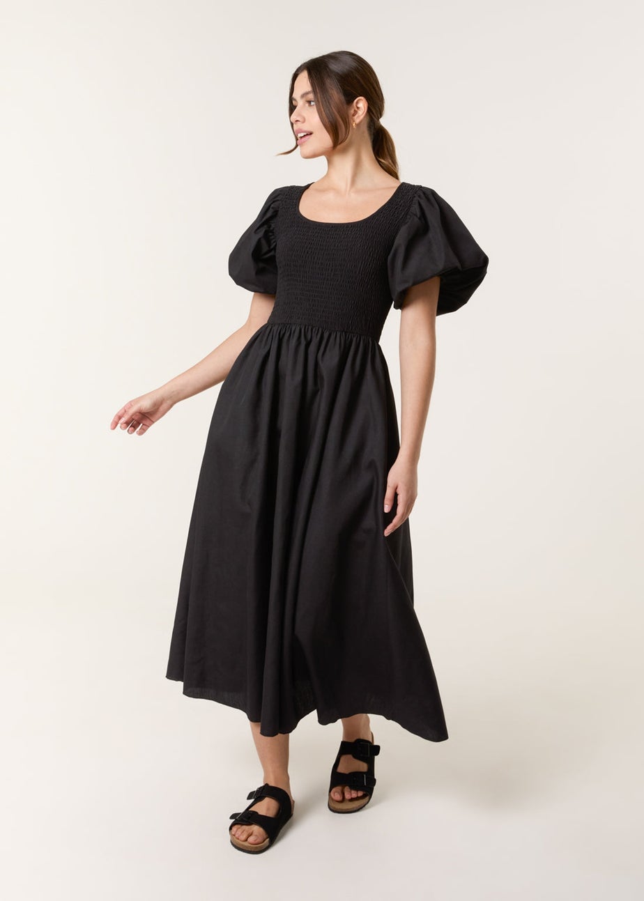 Blue Vanilla Black Puff Sleeve Mix Fabric Midi Dress