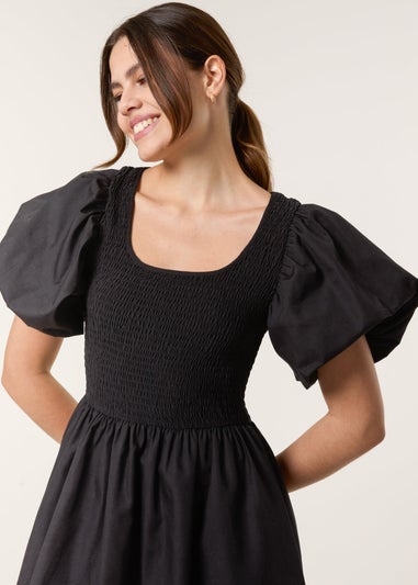 Blue Vanilla Black Puff Sleeve Mix Fabric Midi Dress