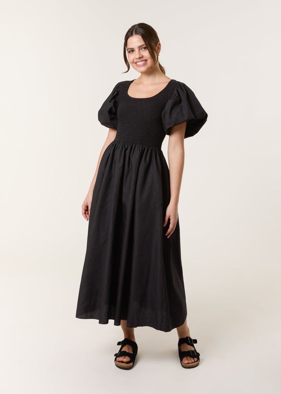 Blue Vanilla Black Puff Sleeve Mix Fabric Midi Dress