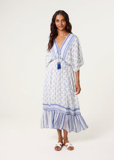 Blue Vanilla Blue V Neck Printed Tassel Dress