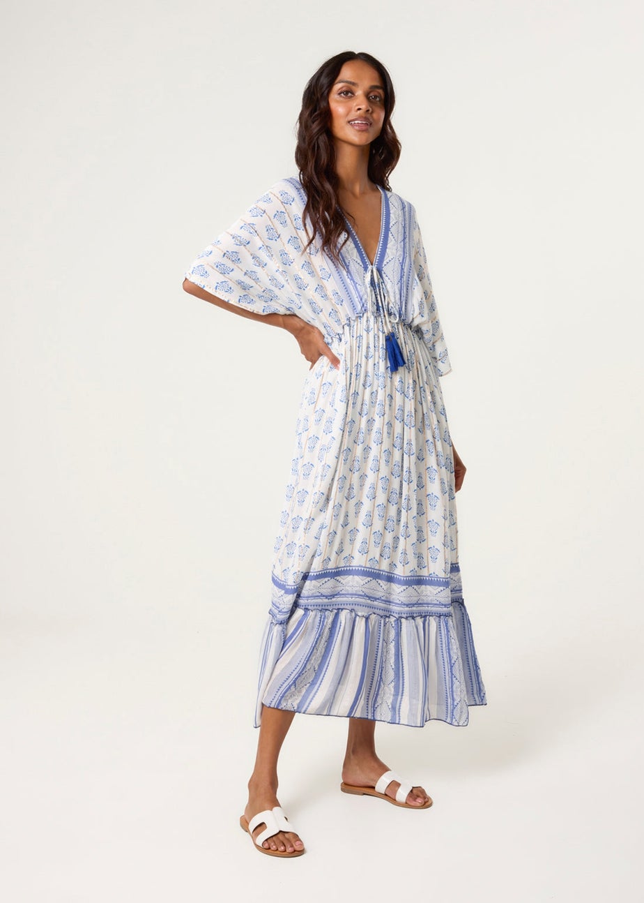 Blue Vanilla Blue V Neck Printed Tassel Dress