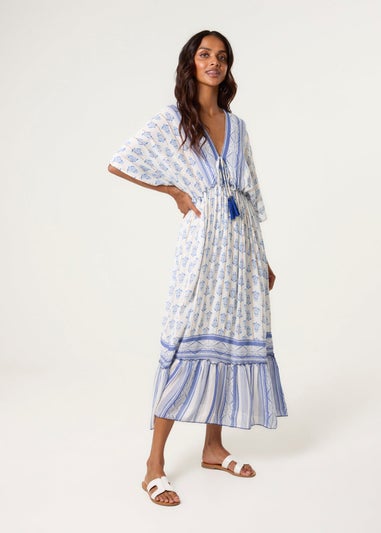 Blue Vanilla Blue V Neck Printed Tassel Dress