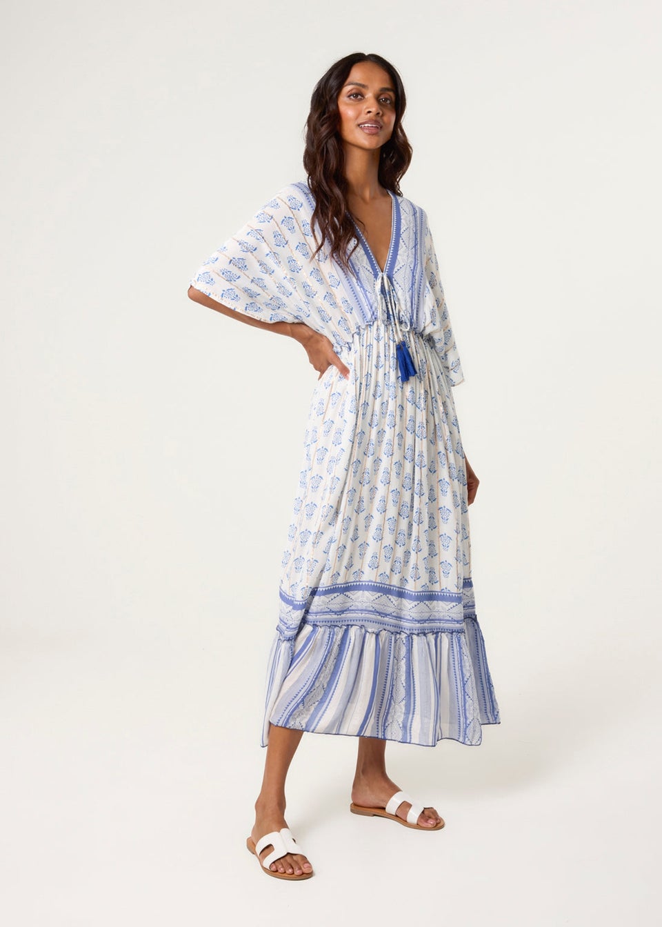Blue Vanilla Blue V Neck Printed Tassel Dress