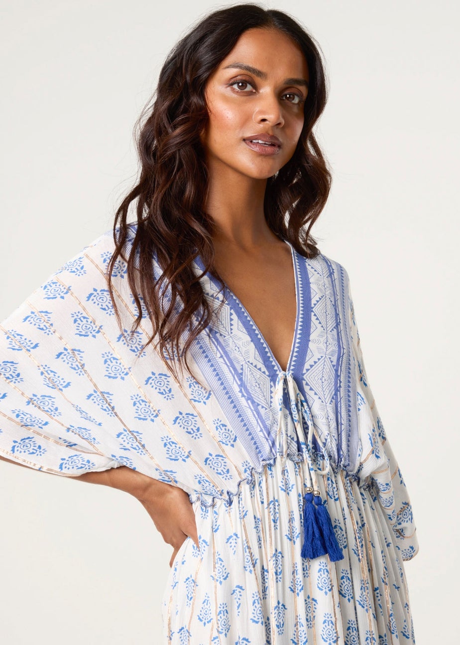 Blue Vanilla Blue V Neck Printed Tassel Dress