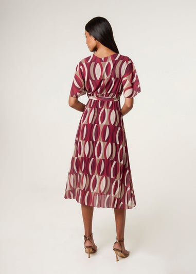 Blue Vanilla Burgundy Geometric Crossover Pleated Dress With Belt