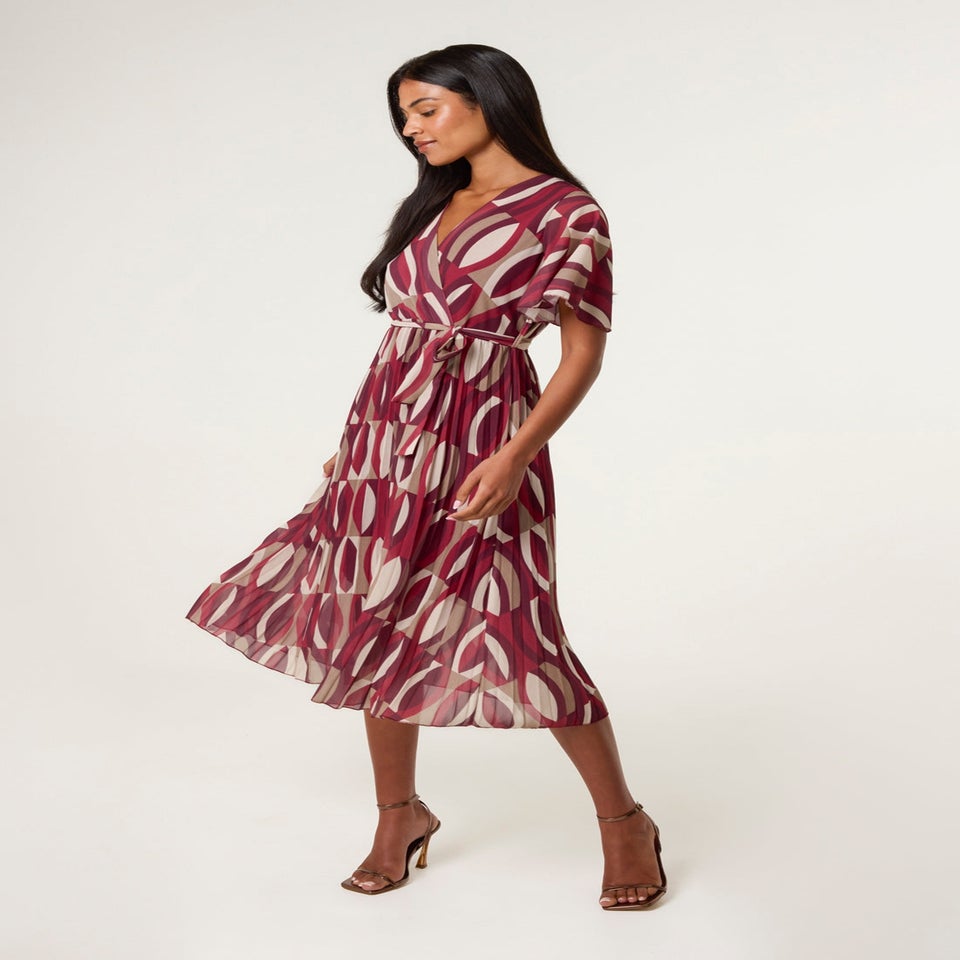 Blue Vanilla Burgundy Geometric Crossover Pleated Dress With Belt