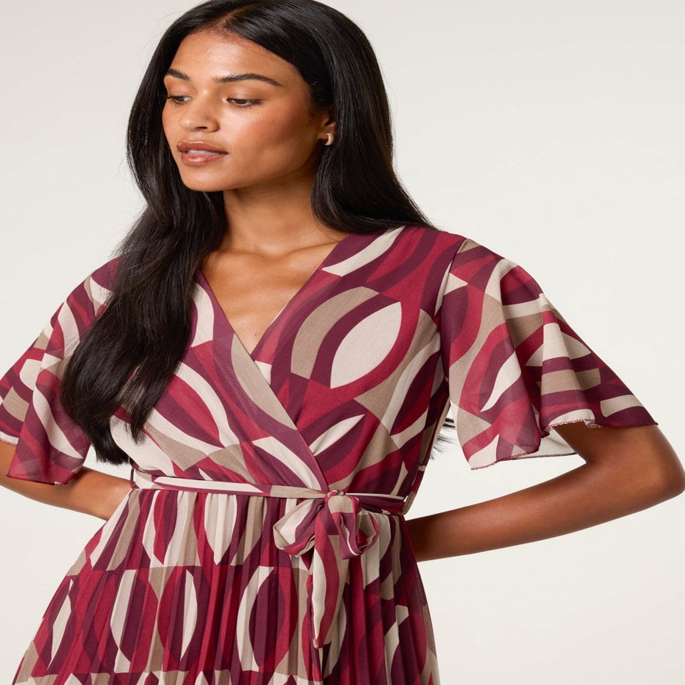 Blue Vanilla Burgundy Geometric Crossover Pleated Dress With Belt