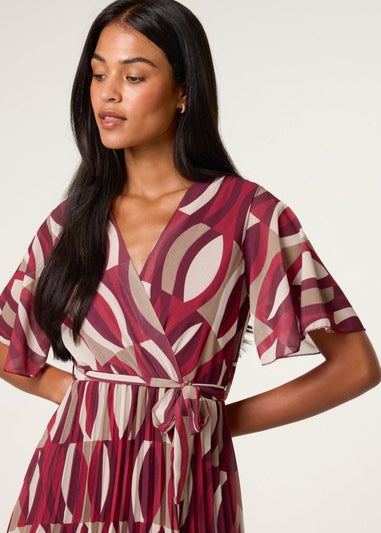 Blue Vanilla Burgundy Geometric Crossover Pleated Dress With Belt