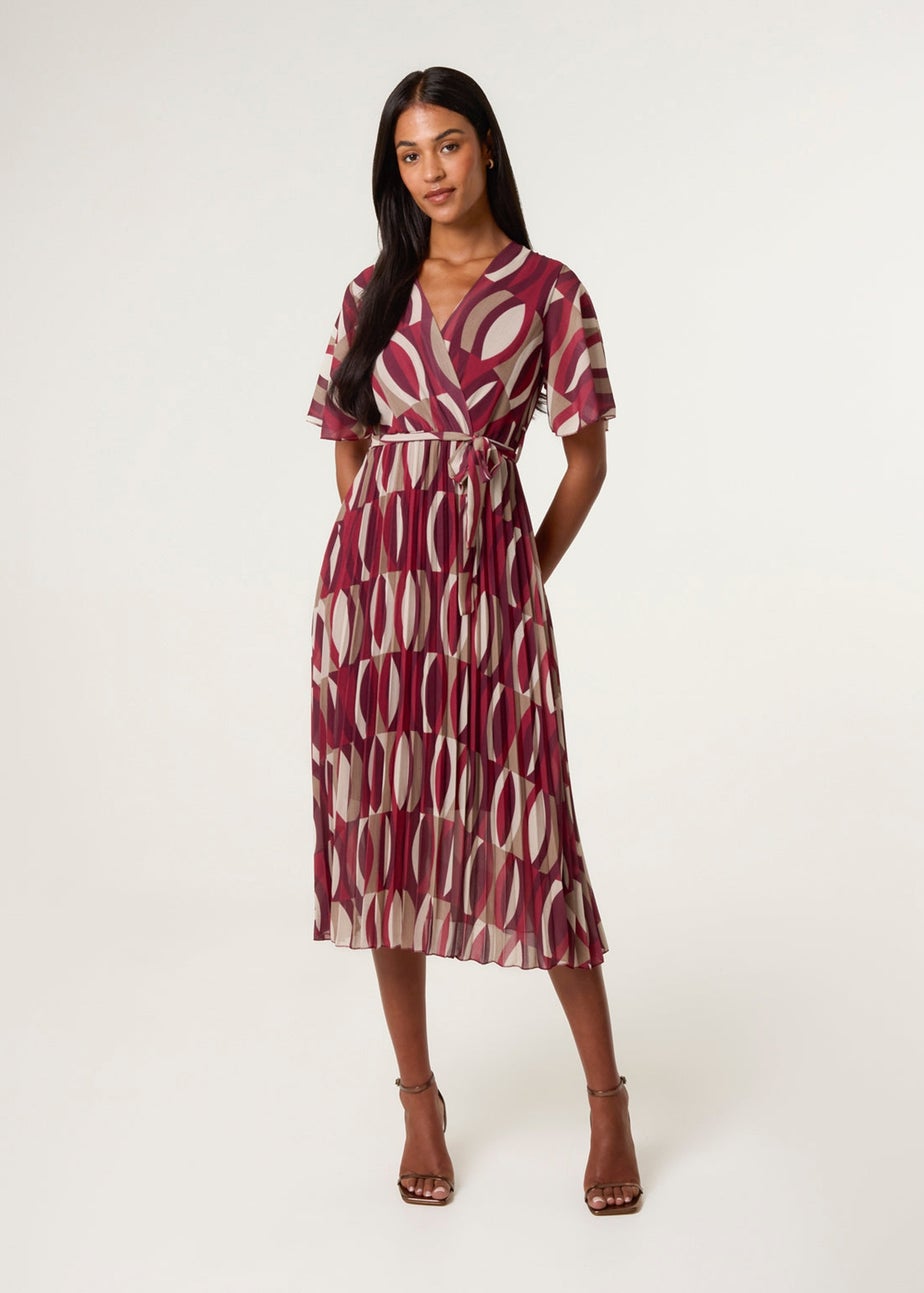 Blue Vanilla Burgundy Geometric Crossover Pleated Dress With Belt