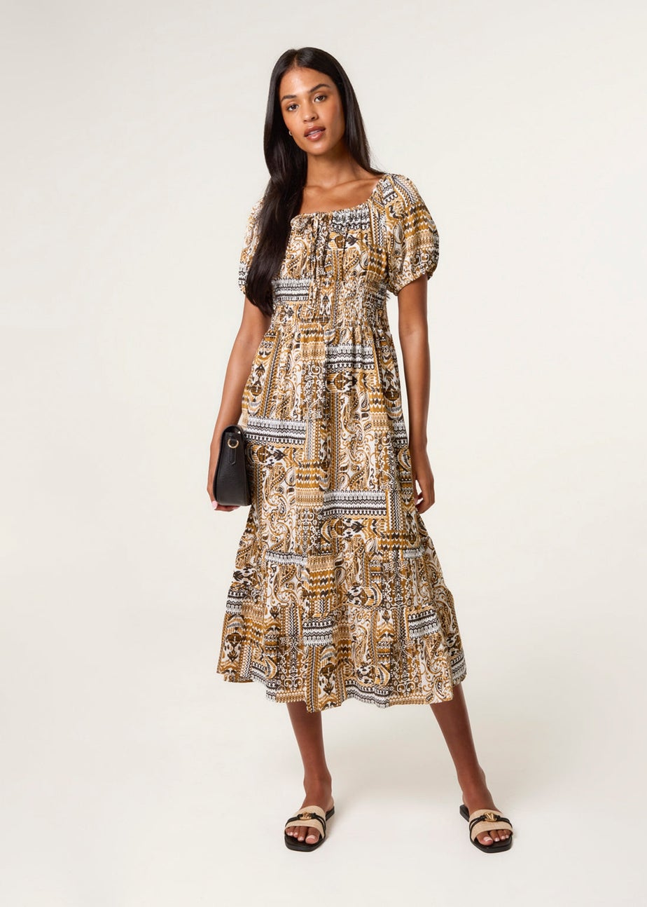 Blue Vanilla Yellow Scoop Neck Paisley Dress