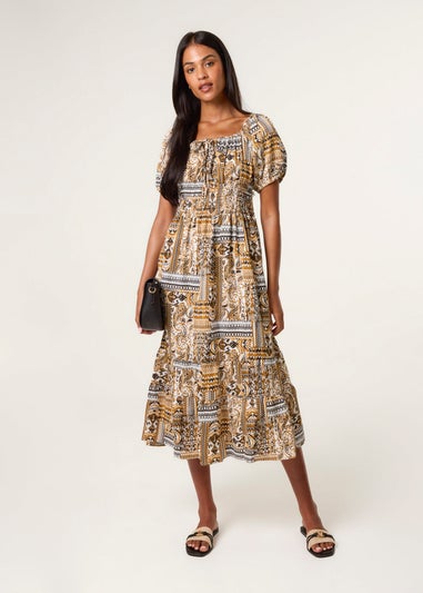 Blue Vanilla Yellow Scoop Neck Paisley Dress