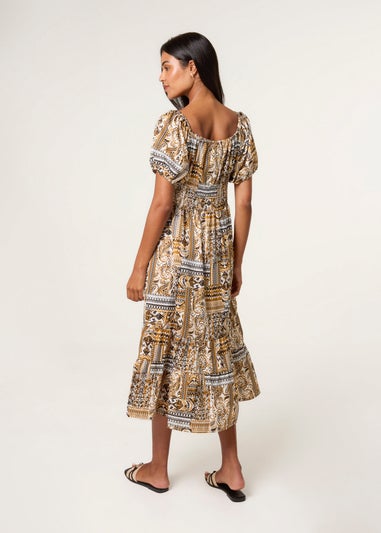 Blue Vanilla Yellow Scoop Neck Paisley Dress