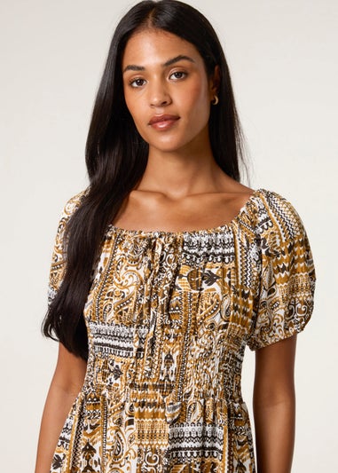 Blue Vanilla Yellow Scoop Neck Paisley Dress