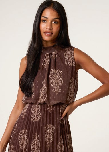 Blue Vanilla Brown Paisley High Neck Sleeveless Pleated Midi Dress