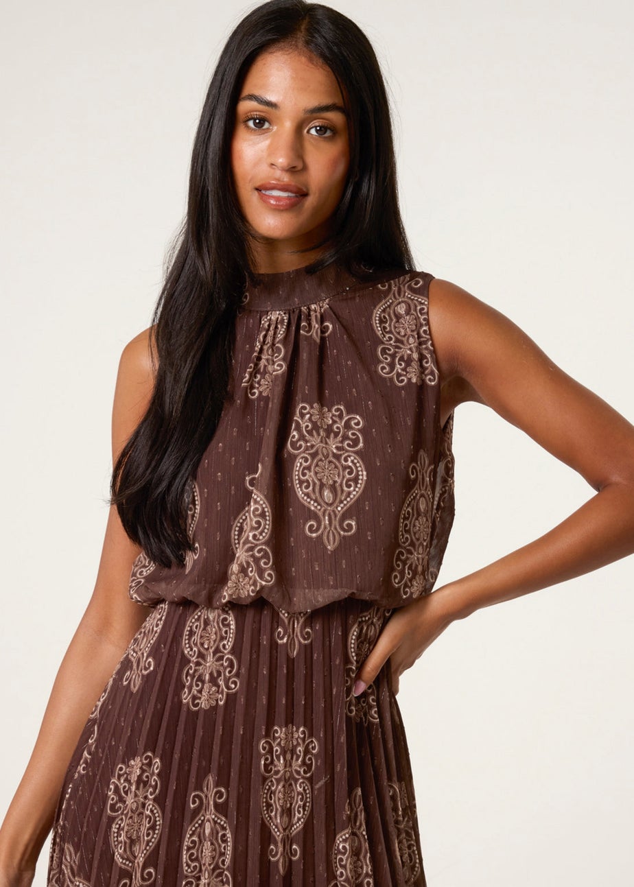 Blue Vanilla Brown Paisley High Neck Sleeveless Pleated Midi Dress