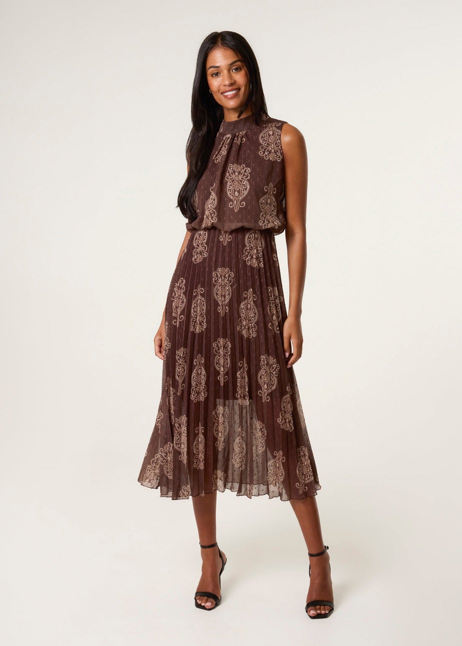 Blue Vanilla Brown Paisley High Neck Sleeveless Pleated Midi Dress