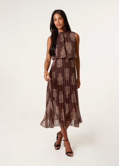 Blue Vanilla Brown Paisley High Neck Sleeveless Pleated Midi Dress