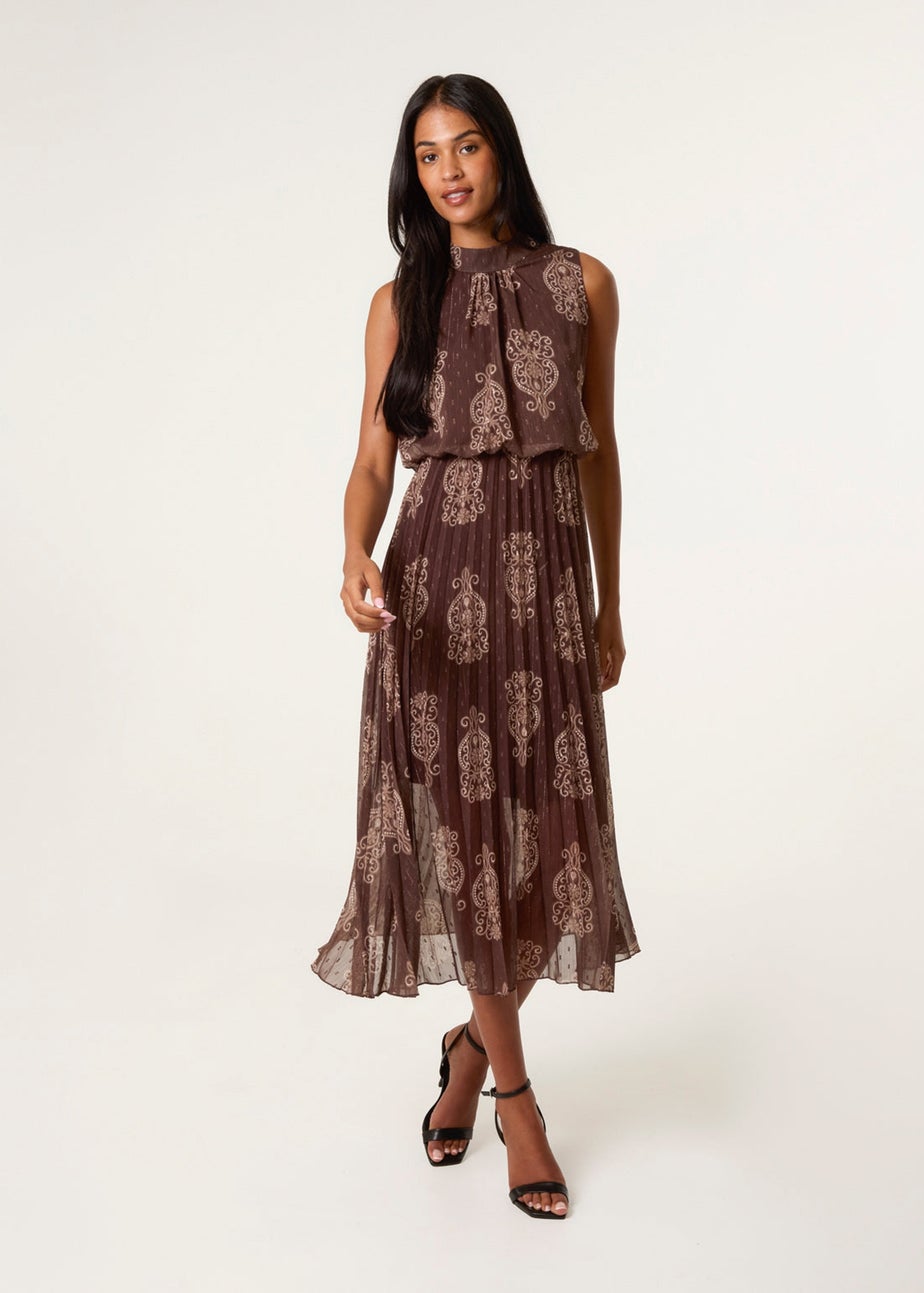 Blue Vanilla Brown Paisley High Neck Sleeveless Pleated Midi Dress