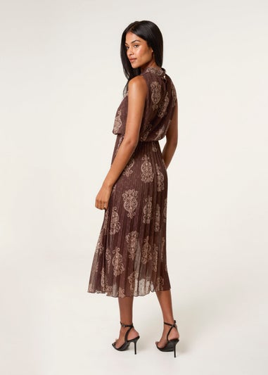 Blue Vanilla Brown Paisley High Neck Sleeveless Pleated Midi Dress