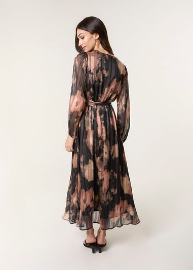 Blue Vanilla Black Watercolour Pleated Wrap Belted Dress