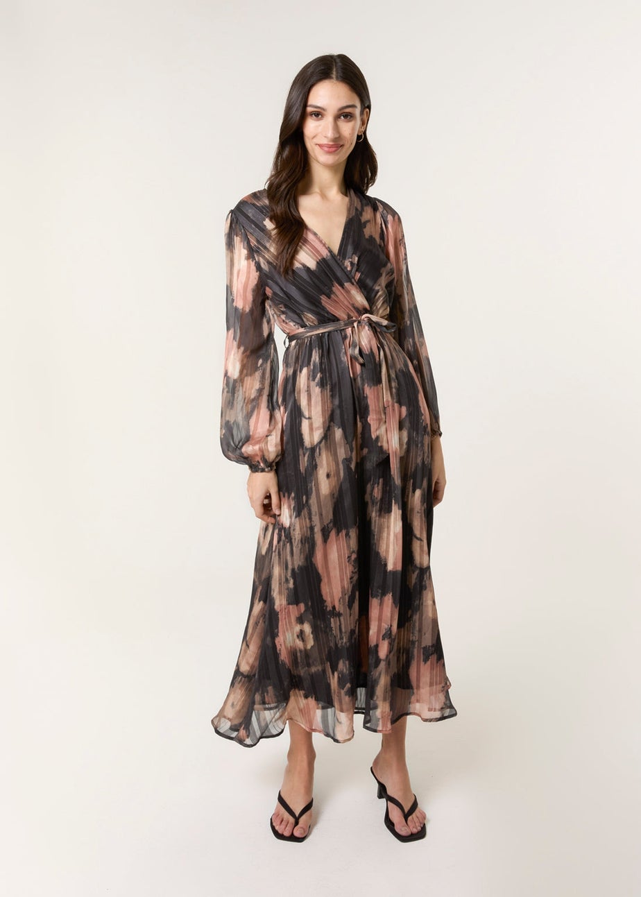 Blue Vanilla Black Watercolour Pleated Wrap Belted Dress