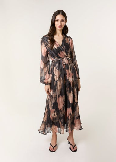 Blue Vanilla Black Watercolour Pleated Wrap Belted Dress