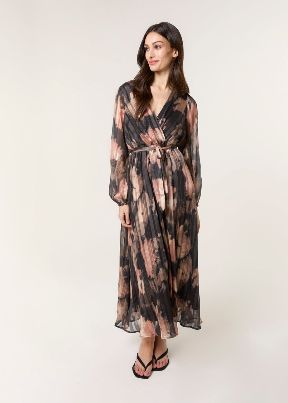 Blue Vanilla Black Watercolour Pleated Wrap Belted Dress