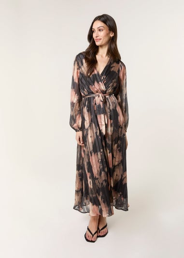 Blue Vanilla Black Watercolour Pleated Wrap Belted Dress