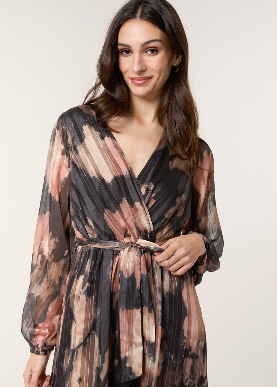 Blue Vanilla Black Watercolour Pleated Wrap Belted Dress