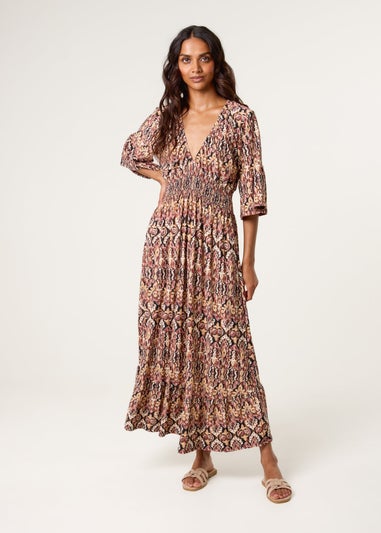 Blue Vanilla Brown Elasticated Neck Shirred Waist Midi Dress