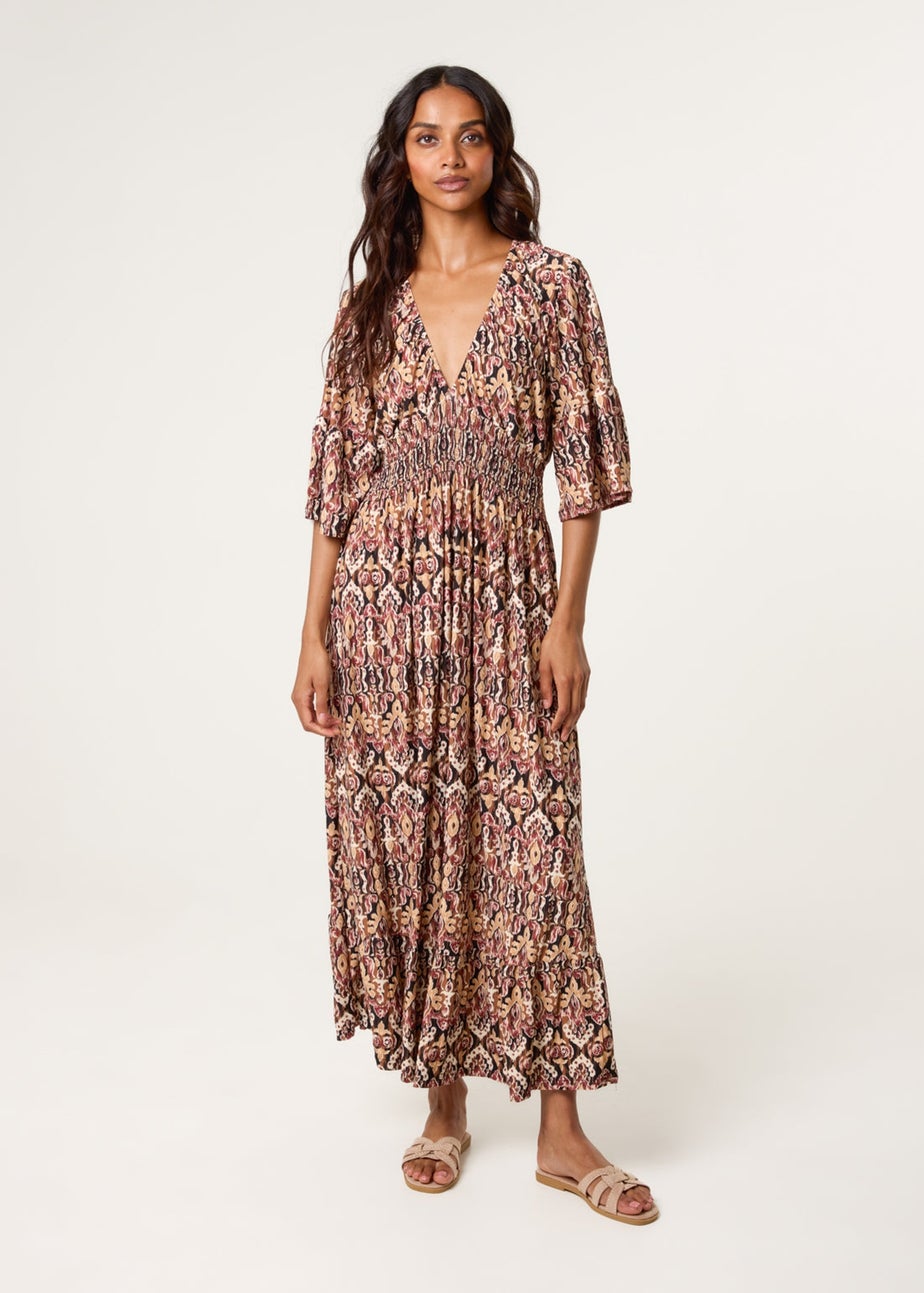 Blue Vanilla Brown Elasticated Neck Shirred Waist Midi Dress