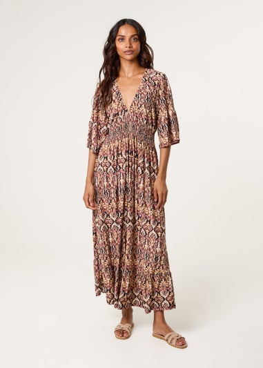 Blue Vanilla Brown Elasticated Neck Shirred Waist Midi Dress