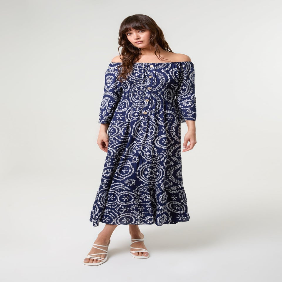 Blue Vanilla Navy Bardot Coconut Button Maxi Dress