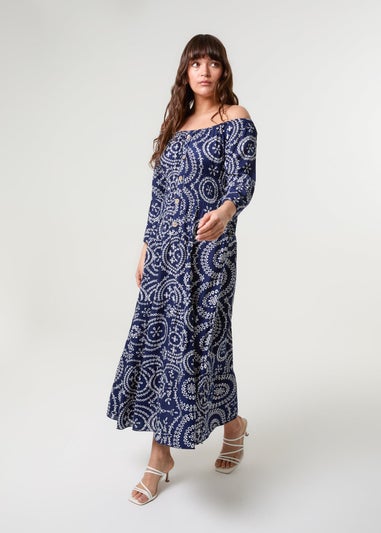 Blue Vanilla Navy Bardot Coconut Button Maxi Dress