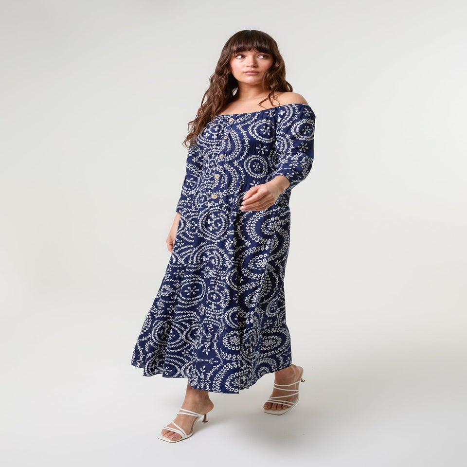 Blue Vanilla Navy Bardot Coconut Button Maxi Dress