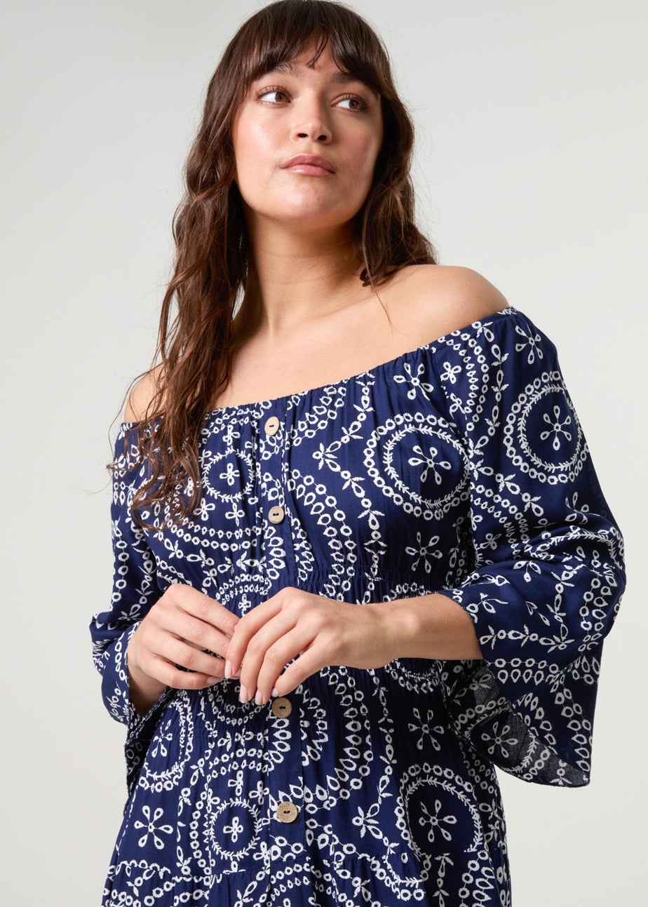 Blue Vanilla Navy Bardot Coconut Button Maxi Dress