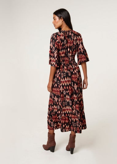 Blue Vanilla Brown Elasticated Neck Shirred Waist Aztec Dress