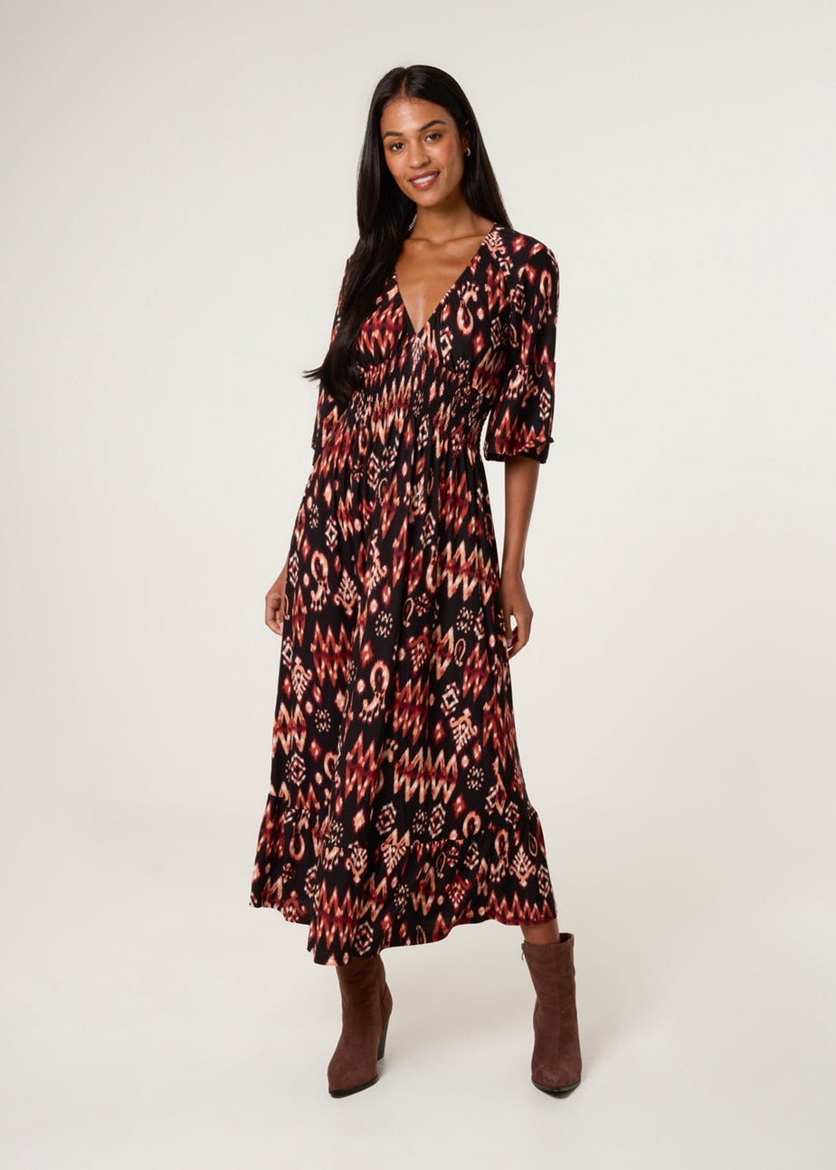 Blue Vanilla Brown Elasticated Neck Shirred Waist Aztec Dress