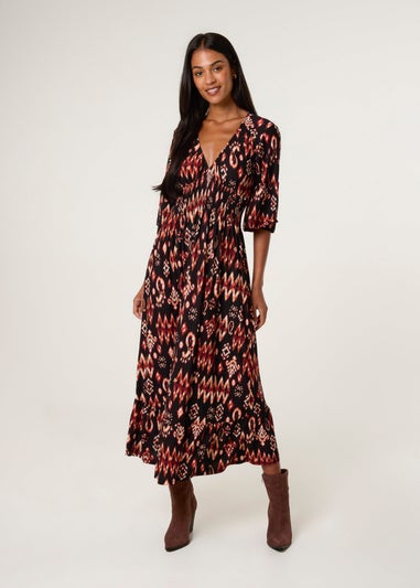 Blue Vanilla Brown Elasticated Neck Shirred Waist Aztec Dress