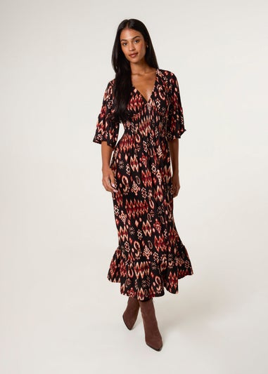 Blue Vanilla Brown Elasticated Neck Shirred Waist Aztec Dress